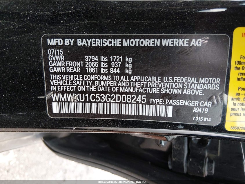 2016 Mini Hardtop Cooper VIN: WMWXU1C53G2D08245 Lot: 45449495