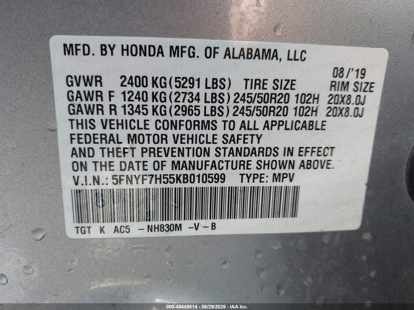 2019 Honda Passport Ex-L VIN: 5FNYF7H55KB010599 Lot: 45449514