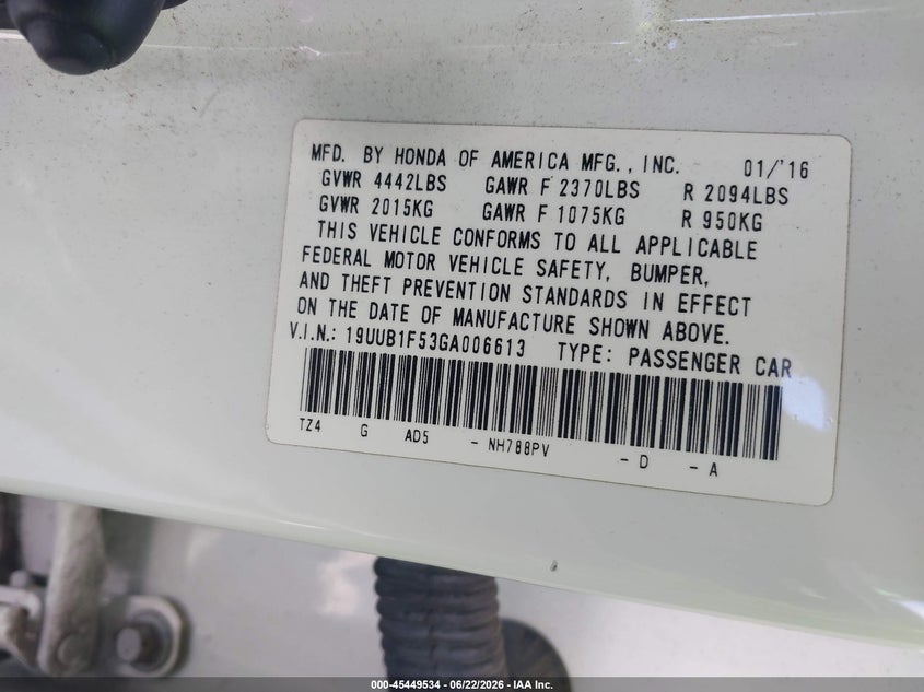 2016 Acura Tlx Tech VIN: 19UUB1F53GA006613 Lot: 45449534