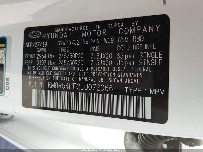 2020 Hyundai Palisade Limited VIN: KM8R54HE2LU072066 Lot: 45449550