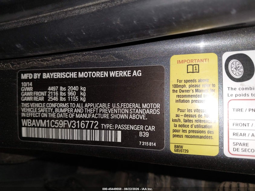 2015 BMW X1 SPORT UTILITY VEHICLE 2.0L I-4 DI, DOHC, VVT, TURBO, 240HP