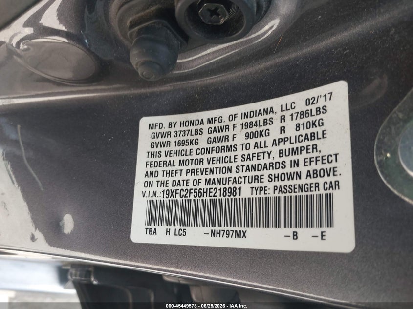 2017 HONDA CIVIC SEDAN 2.0L I-4 DOHC, VVT, 158HP