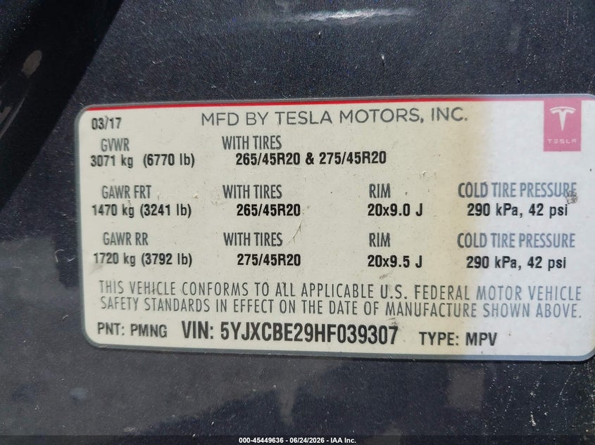 2017 Tesla Model X VIN: 5YJXCBE29HF039307 Lot: 45449636