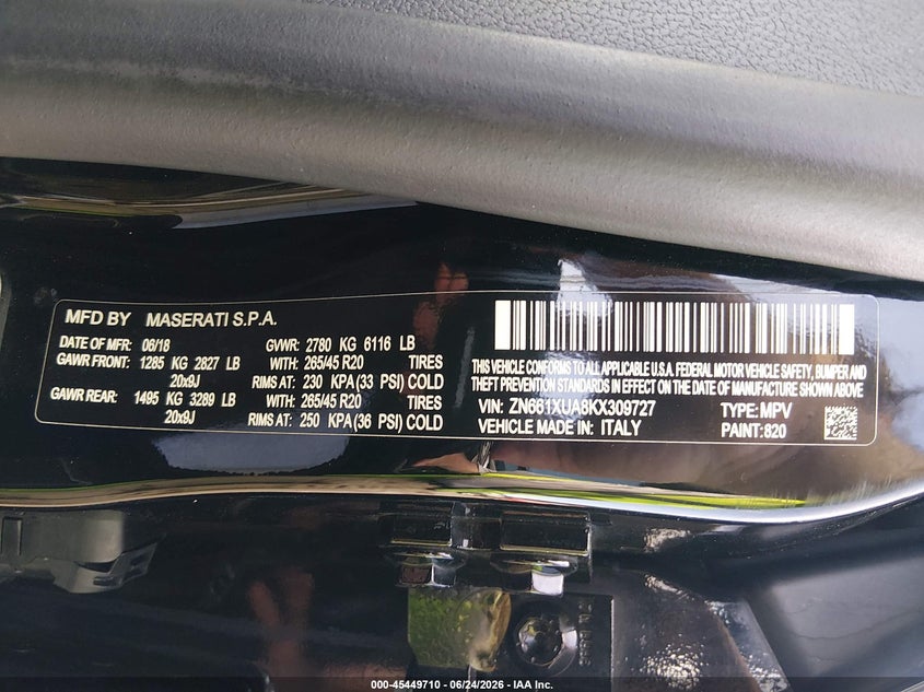 2019 Maserati Levante VIN: ZN661XUA8KX309727 Lot: 45449710