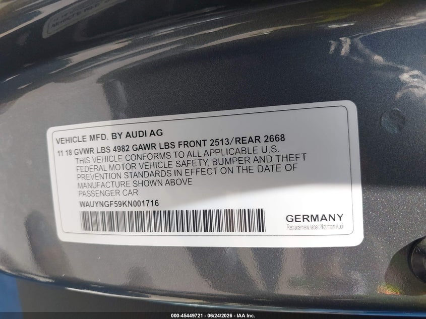 2019 Audi A5 45 Premium VIN: WAUYNGF59KN001716 Lot: 45449721