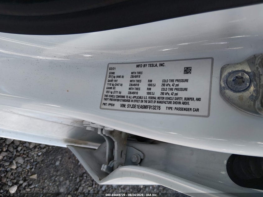 2021 Tesla Model 3 Standard Range Plus Rear-Wheel Drive VIN: 5YJ3E1EA6MF913276 Lot: 45449729