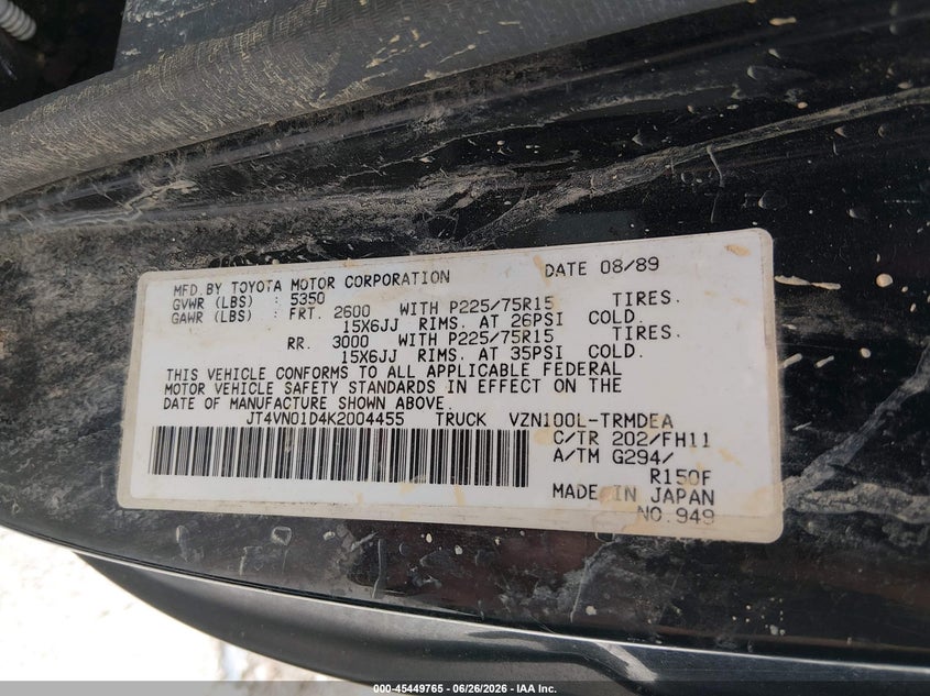 1989 Toyota Pickup 1/2 Ton Sht Wheelbase Dlx VIN: JT4VN01D4K2004455 Lot: 45449765