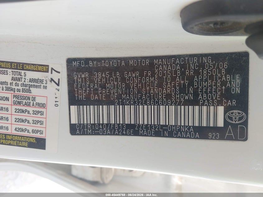 2006 Toyota Matrix Xr VIN: 2T1KR32E86C609277 Lot: 45449768