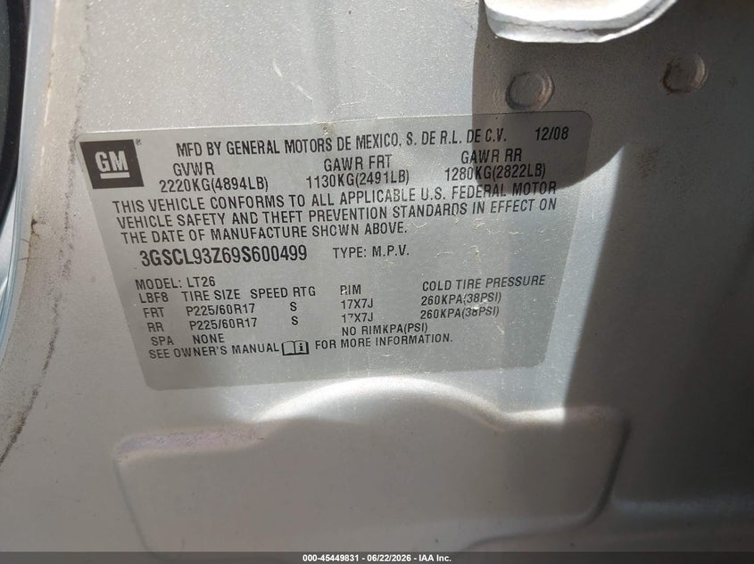 2009 Saturn Vue Hybrid I4 VIN: 3GSCL93Z69S600499 Lot: 45449831