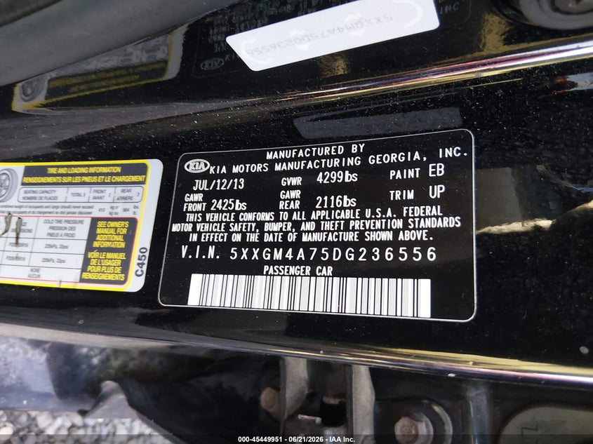 2013 KIA OPTIMA SEDAN 2.4L I-4 DI, DOHC, VVT, 200HP