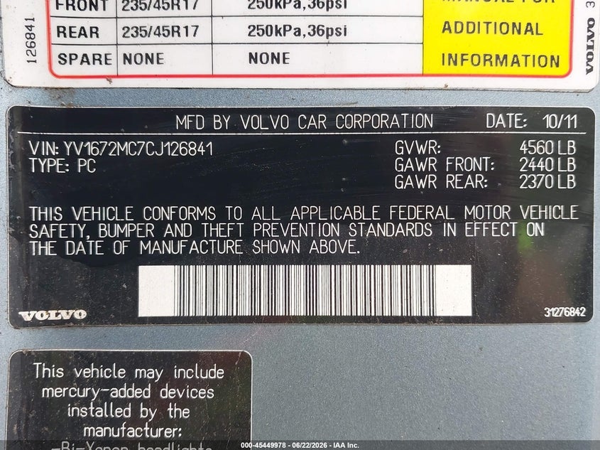 2012 Volvo C70 T5/T5 Platinum/T5 Premier Plus VIN: YV1672MC7CJ126841 Lot: 45449978