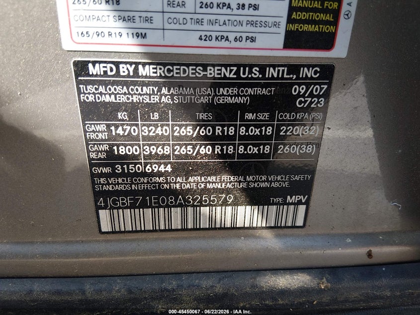 2008 Mercedes-Benz Gl-Class 4.6L VIN: 4JGBF71E08A325579 Lot: 45450067