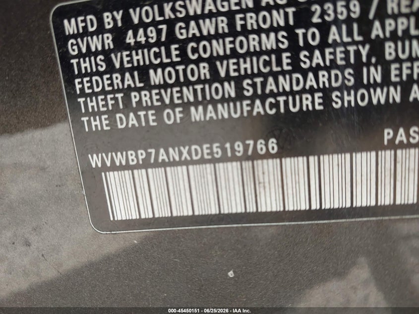 2013 Volkswagen Cc 2.0T Sport VIN: WVWBP7ANXDE519766 Lot: 45450151