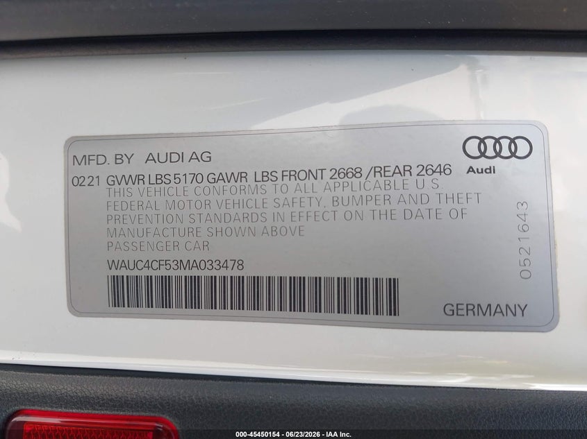 2021 Audi S5 Sportback Premium Plus Tfsi Quattro Tiptronic VIN: WAUC4CF53MA033478 Lot: 45450154
