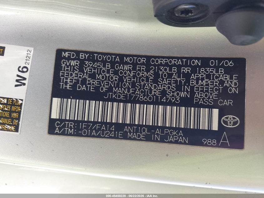 2006 Scion Tc VIN: JTKDE177860114793 Lot: 45450228