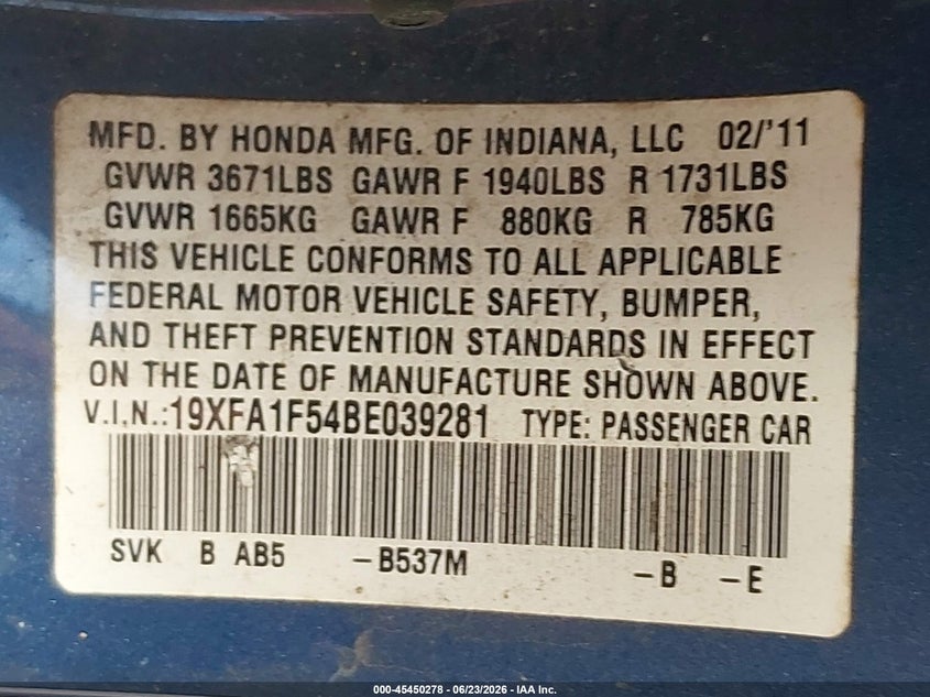 2011 HONDA CIVIC SEDAN 1.8L I-4 VVT, 140HP