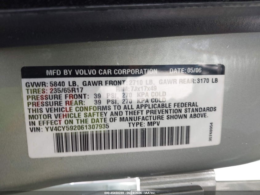 2006 Volvo Xc90 2.5T VIN: YV4CY592061307935 Lot: 45450289
