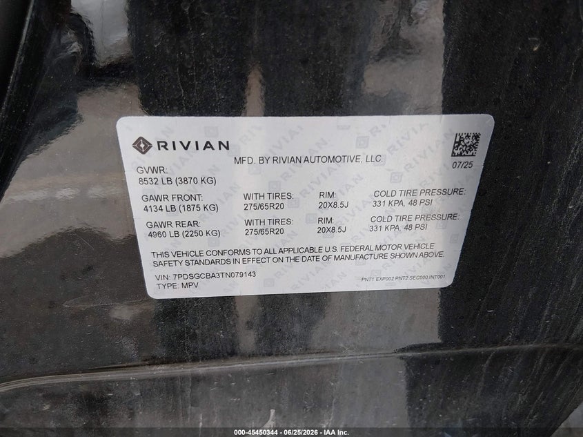 2026 Rivian R1S Dual Motor Max Pack/Performance Dual Motor Max Pack VIN: 7PDSGCBA3TN079143 Lot: 45450344