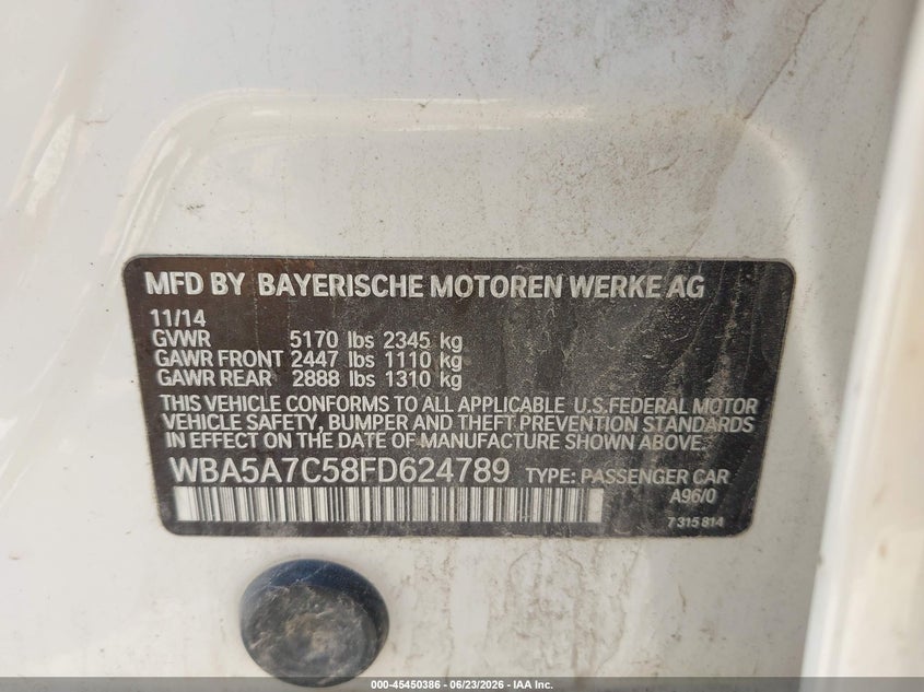 BMW 528I 2015 VIN WBA5A7C58FD624789