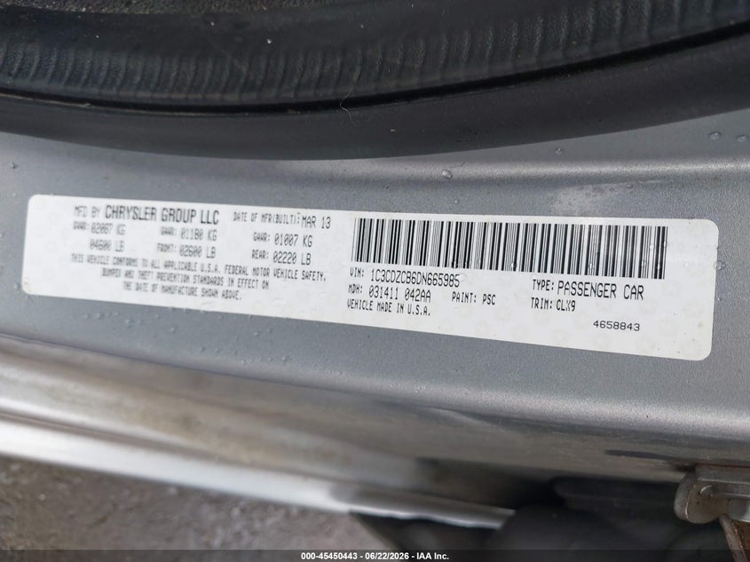 2013 Dodge Avenger Sxt VIN: 1C3CDZCB6DN665985 Lot: 45450443