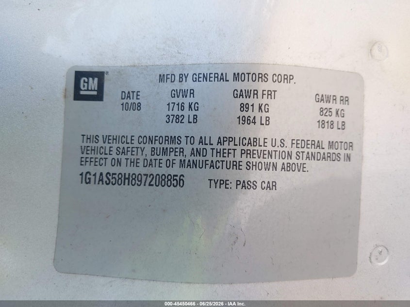 2009 Chevrolet Cobalt Ls VIN: 1G1AS58H897208856 Lot: 45450466