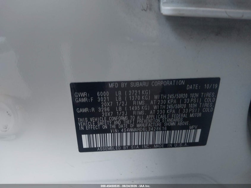 2020 Subaru Ascent Touring VIN: 4S4WMARD6L3428616 Lot: 45450535