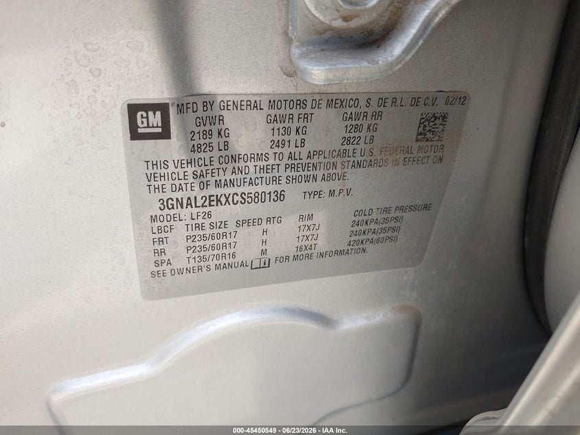 2012 Chevrolet Captiva Sport 2Ls VIN: 3GNAL2EKXCS580136 Lot: 45450549