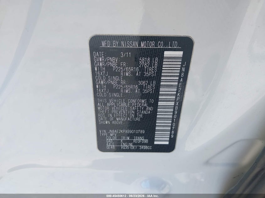 2011 Nissan Quest Sv VIN: JN8AE2KPXB9010789 Lot: 45450612