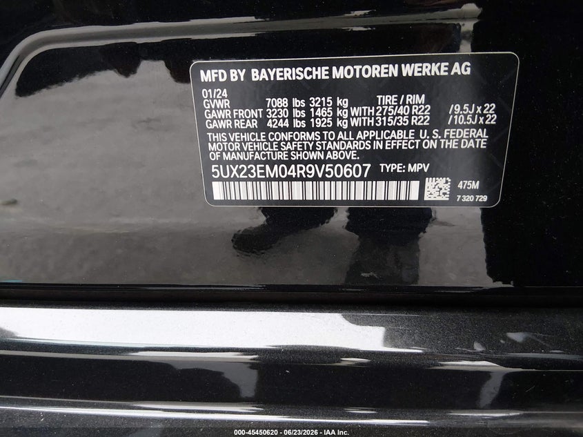 2024 BMW X7 xDrive40I VIN: 5UX23EM04R9V50607 Lot: 45450620