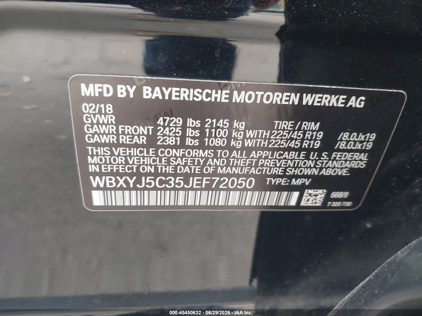 2018 BMW X2 xDrive28I VIN: WBXYJ5C35JEF72050 Lot: 45450632