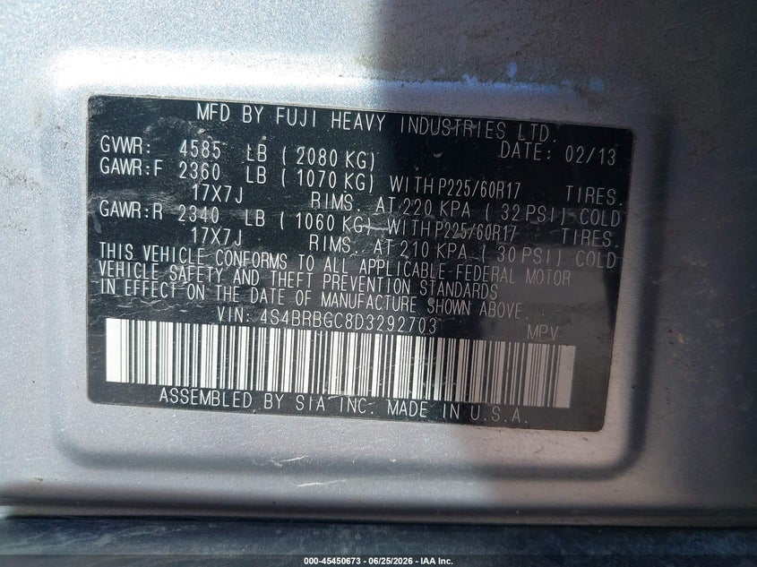 SUBARU OUTBACK 2013 VIN 4S4BRBGC8D3292703