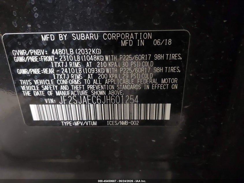 2018 Subaru Forester 2.5I Premium VIN: JF2SJAEC6JH601254 Lot: 45450687