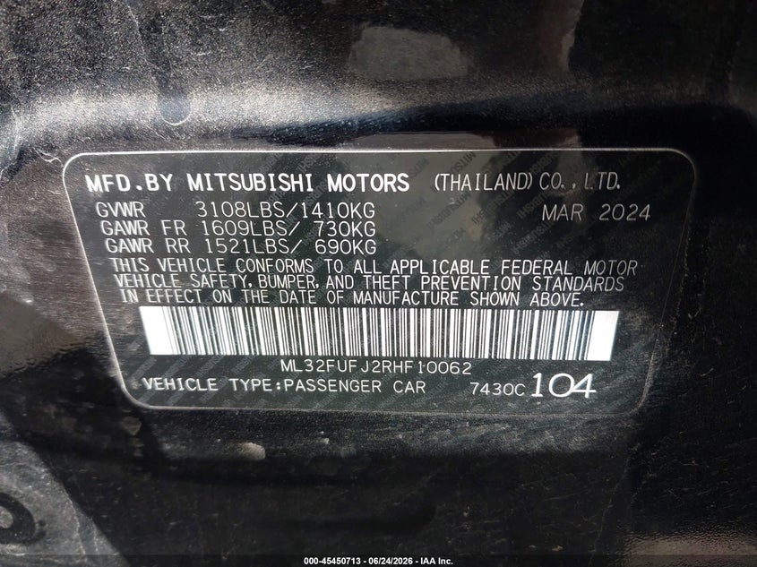 2024 Mitsubishi Mirage G4 Le VIN: ML32FUFJ2RHF10062 Lot: 45450713