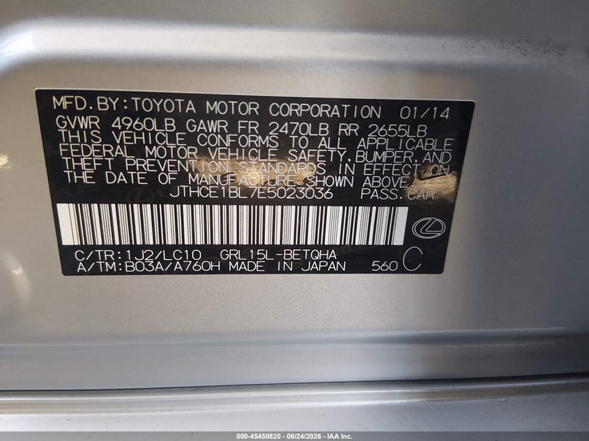 2014 Lexus Gs 350 VIN: JTHCE1BL7E5023036 Lot: 45450820