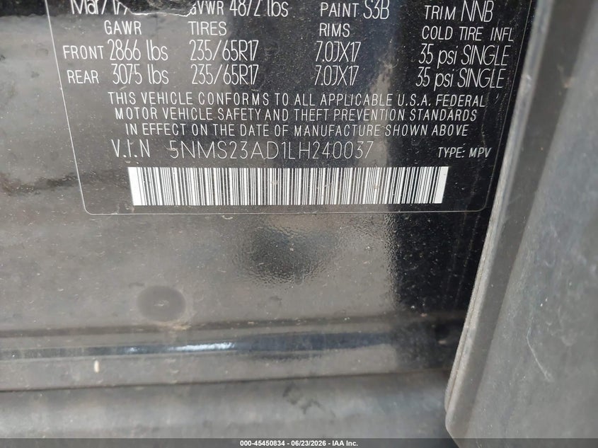 2020 Hyundai Santa Fe Se VIN: 5NMS23AD1LH240037 Lot: 45450834