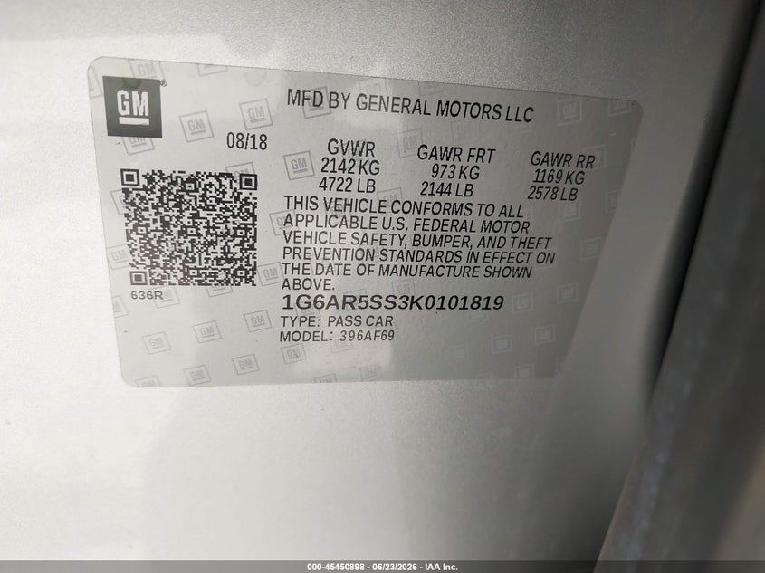 2019 Cadillac Cts Luxury VIN: 1G6AR5SS3K0101819 Lot: 45450898