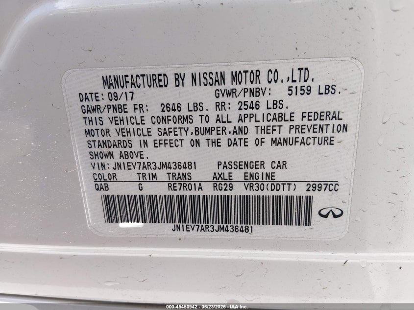 2018 Infiniti Q50 3.0T Luxe VIN: JN1EV7AR3JM436481 Lot: 45450942