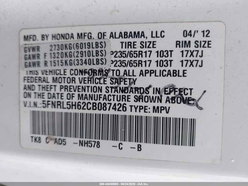 2012 HONDA ODYSSEY VAN 3.5L V-6 VVT, 248HP