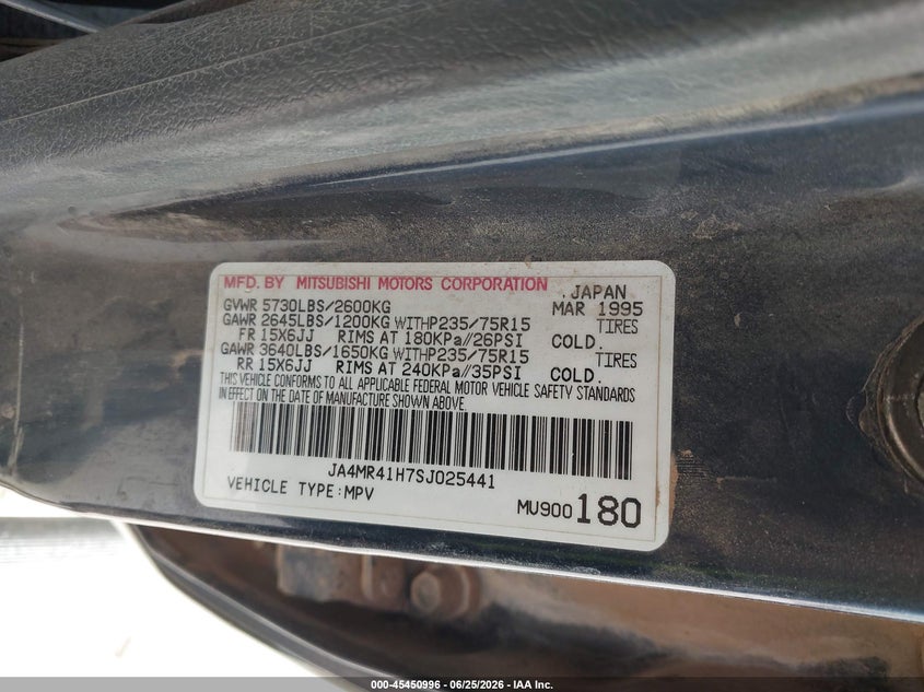 1995 Mitsubishi Montero Ls VIN: JA4MR41H7SJ025441 Lot: 45450996
