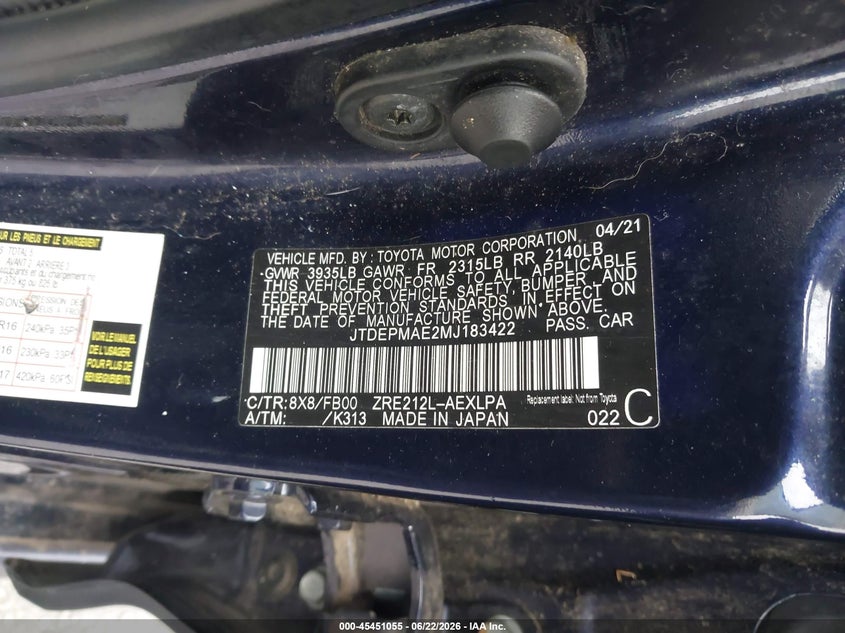 2021 TOYOTA COROLLA(VIN: JTDEPMAE2MJ183422