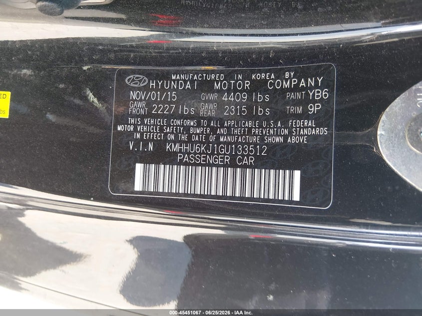 2016 Hyundai Genesis 3.8 Ultimate VIN: KMHHU6KJ1GU133512 Lot: 45451067