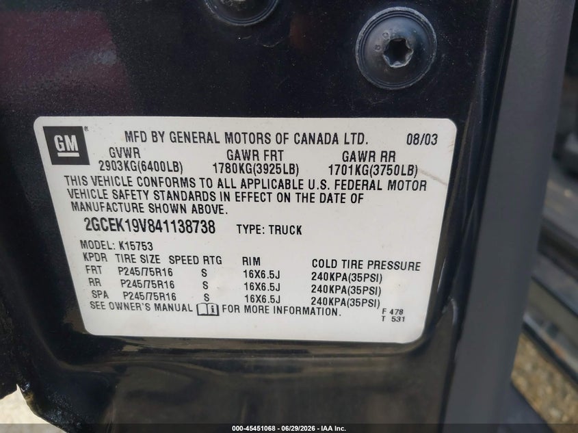 2004 CHEVROLET SILVERADO TRUCK 4.8L V-8 285HP