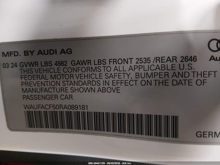 2024 Audi A5 Sportback Premium Plus 45 Tfsi Quattro S Tronic VIN: WAUFACF50RA089181 Lot: 45451109