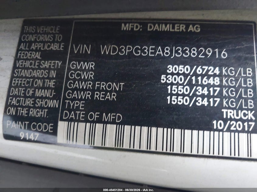 2018 Mercedes-Benz Metris VIN: WD3PG3EA8J3382916 Lot: 45451204