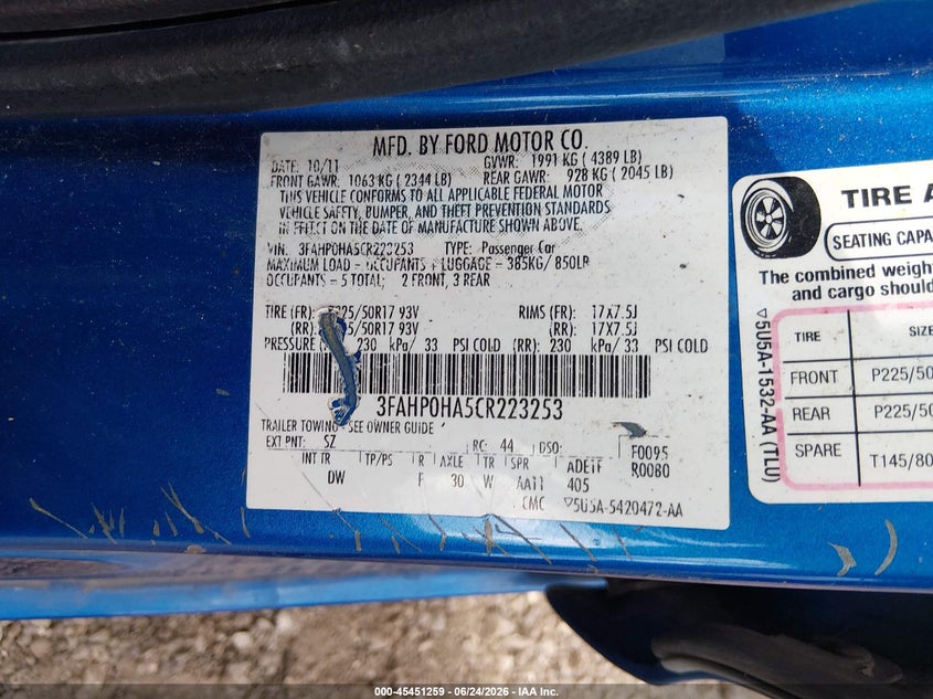 2012 FORD FUSION SEDAN 2.5L I-4 DOHC, VVT, 175HP
