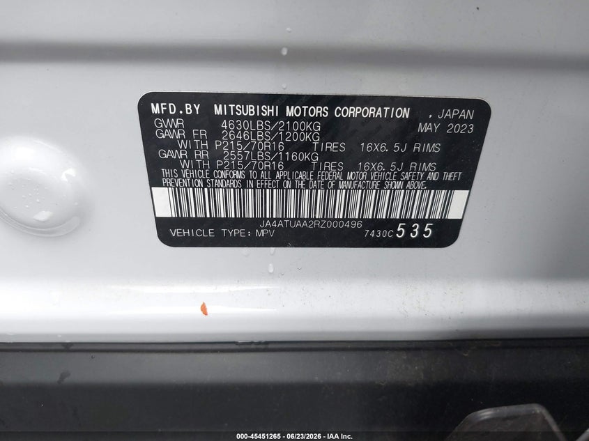 2024 Mitsubishi Eclipse Cross Es S-Awc VIN: JA4ATUAA2RZ000496 Lot: 45451265