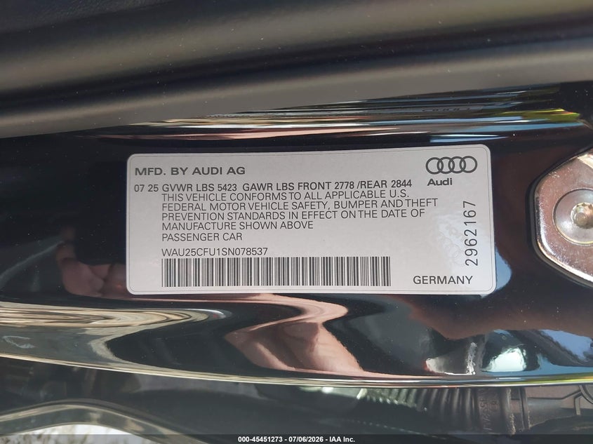 2025 Audi All-New S5 Premium Plus Tfsi Quattro S Tronic VIN: WAU25CFU1SN078537 Lot: 45451273