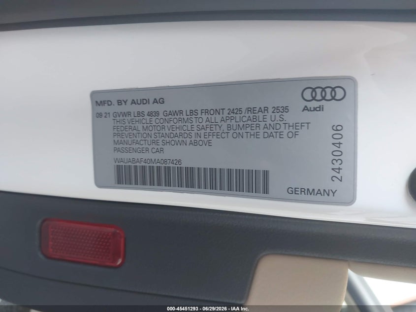 2021 AUDI A4 SEDAN 2.0L I-4 DI, DOHC, VVT, TURBO, 201HP