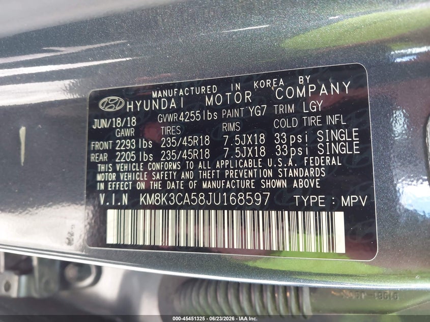HYUNDAI KONA 2018 VIN KM8K3CA58JU168597