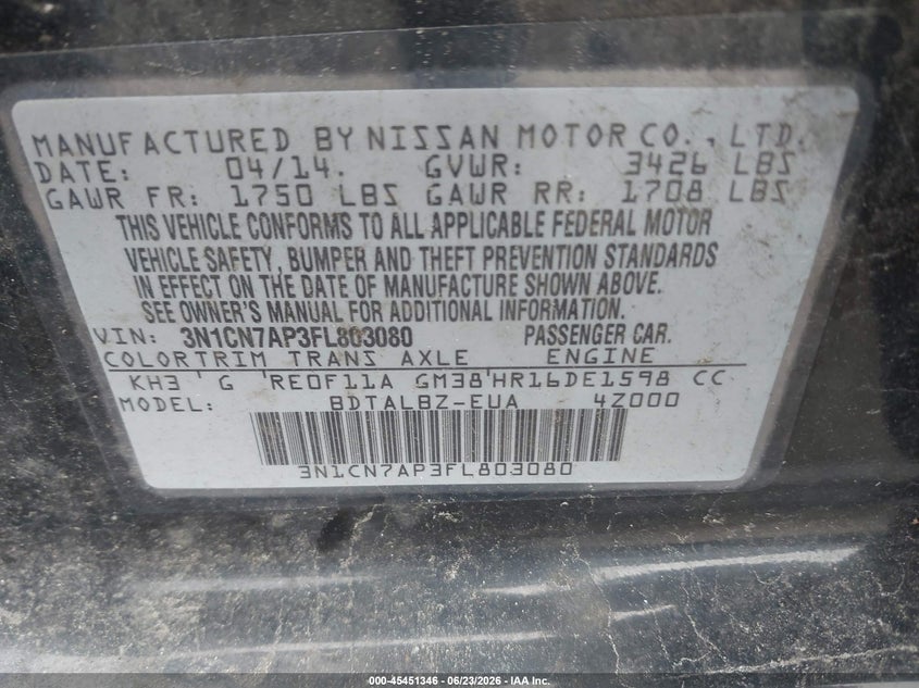 2015 Nissan Versa 1.6 Sv VIN: 3N1CN7AP3FL803080 Lot: 45451346
